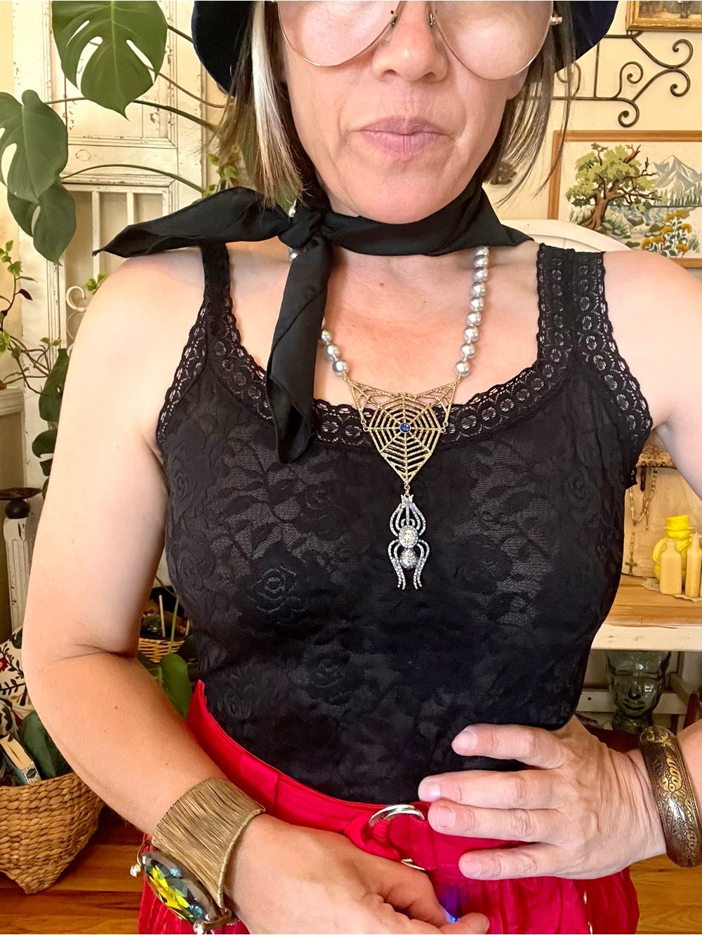 New! Whimsigoth Spider and Web Faux Pearl Necklace